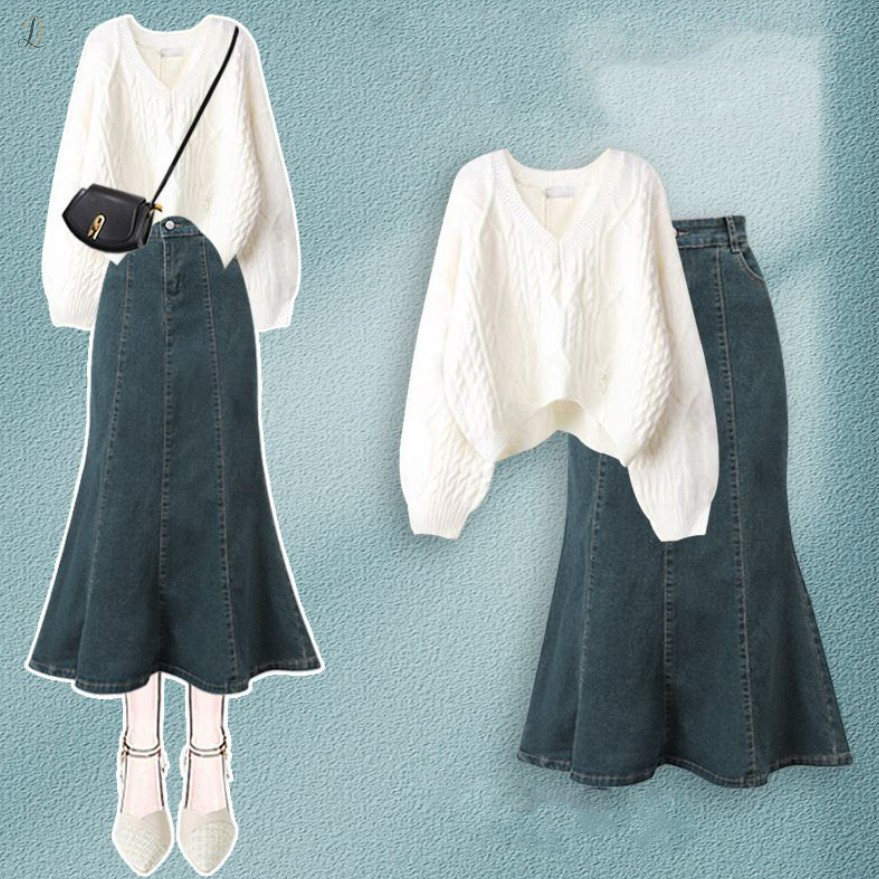 ホワイト/ニット.セーター+ブルー/スカート