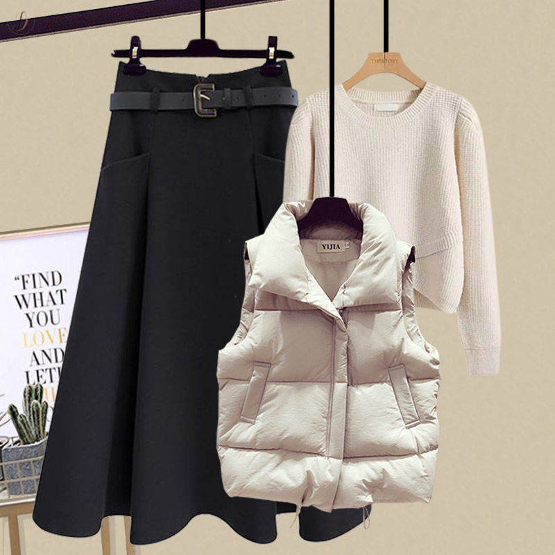 ホワイト/ベスト+アイボリー/ニット.セーター+ブラック/スカート