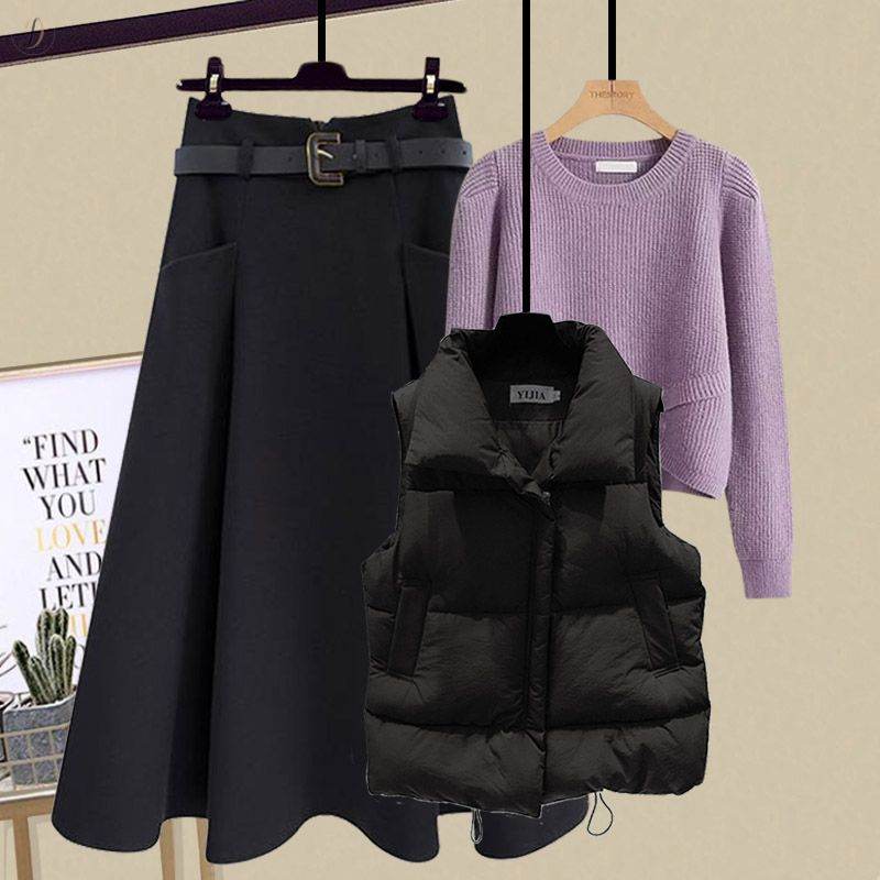 ブラック/ベスト+パープル/ニット.セーター+ブラック/スカート