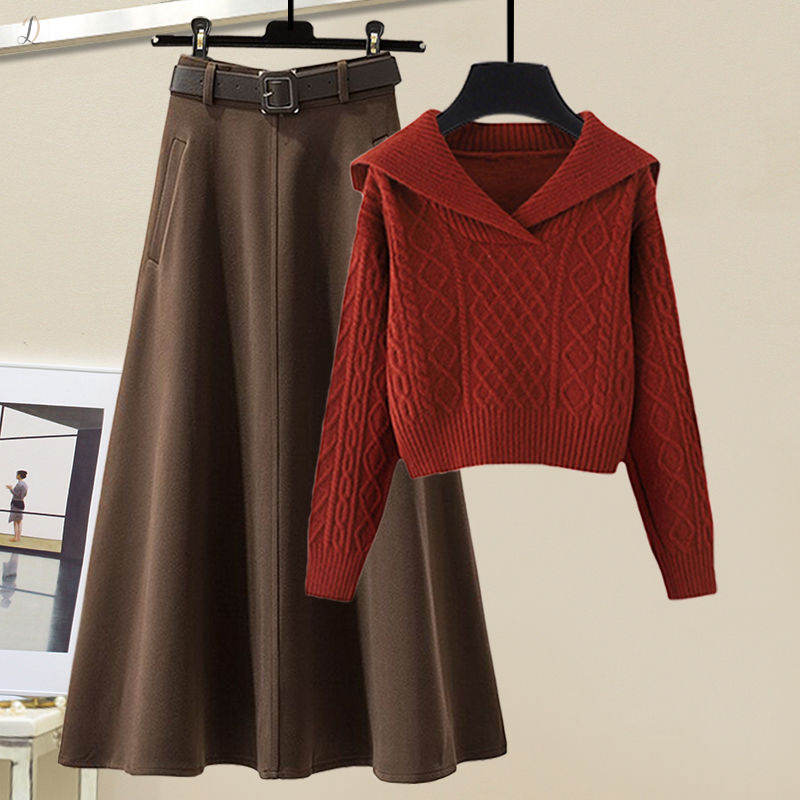 レッド/セーター+コーヒー/スカート