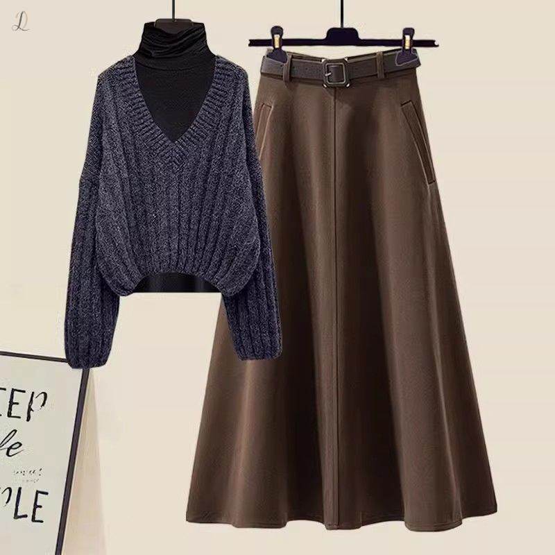 ブルー/セーター+ブラック/カットソー＋コーヒー/スカート