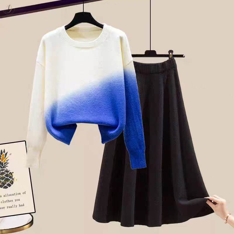 ブルー/セーター+ブラック/スカート