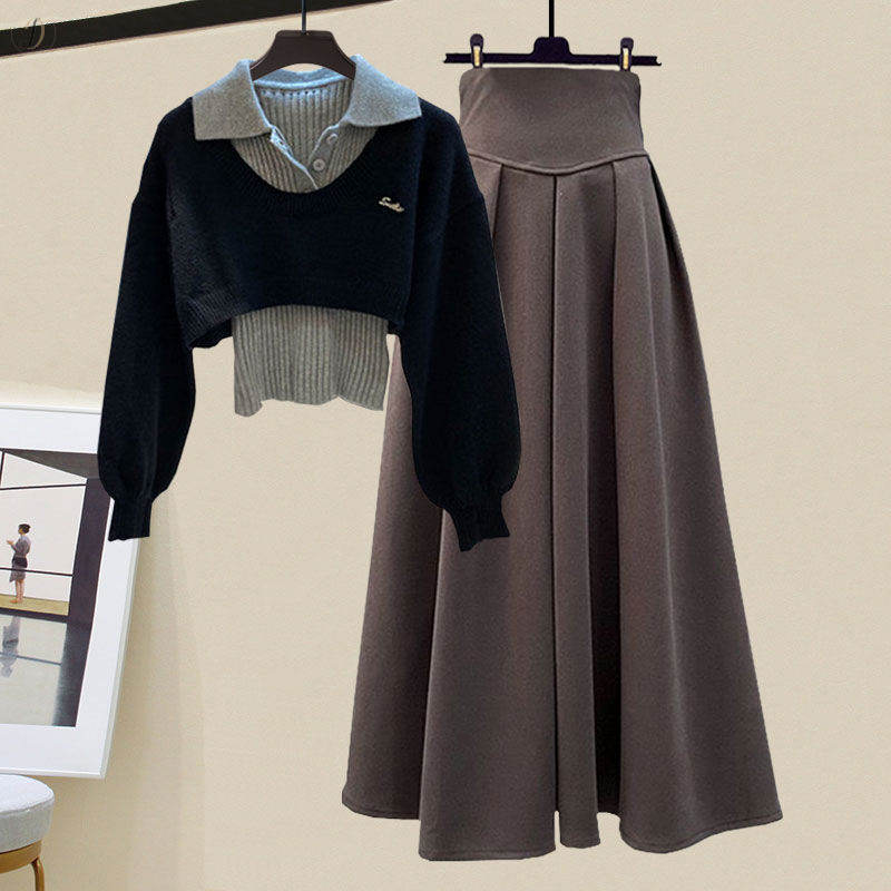 グレー/セーター+ブラック/スウェット+コーヒー/スカート