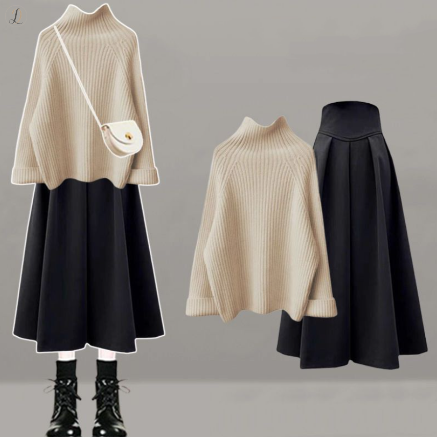 ベージュ/セーター+ブラック/スカート