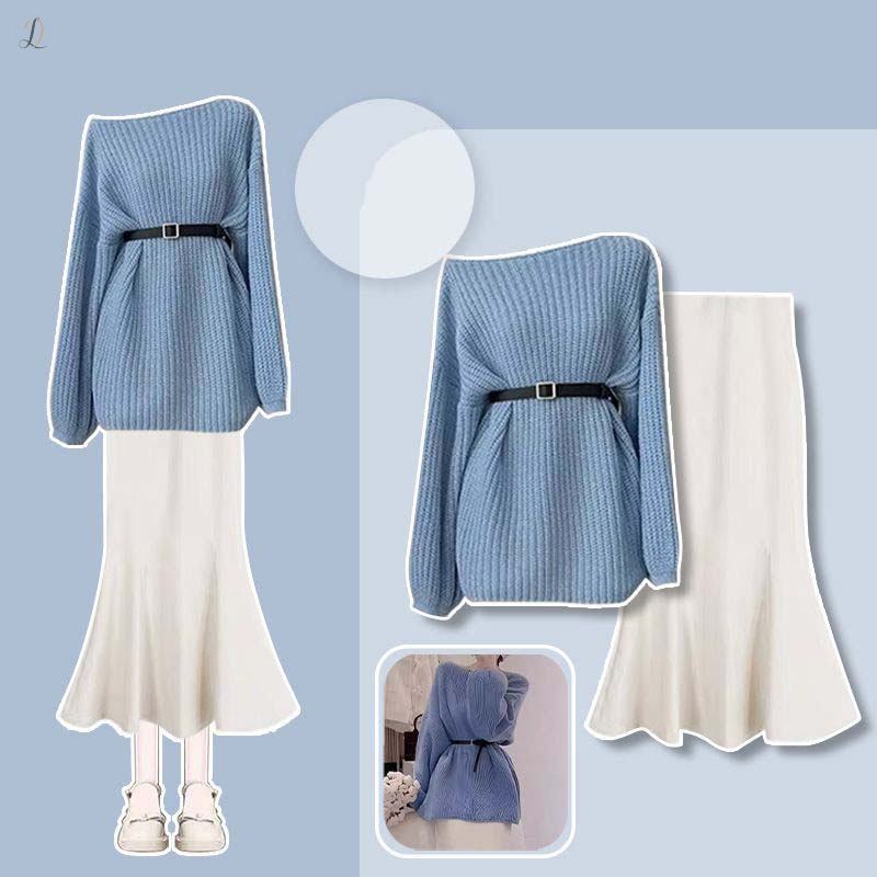 ブルー/セーター+ホワイト/スカート
