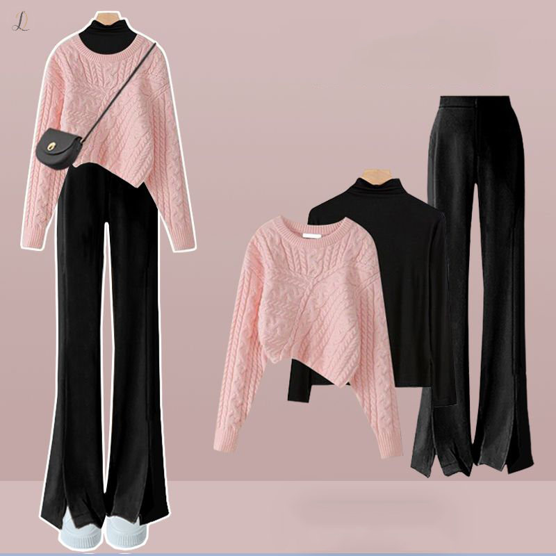 ピンク/セーター+ブラック/カットソー+ブラック/パンツ