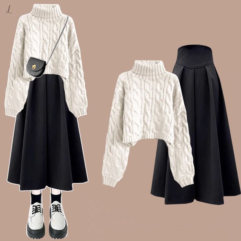 ホワイト/セーター+ブラック/スカート