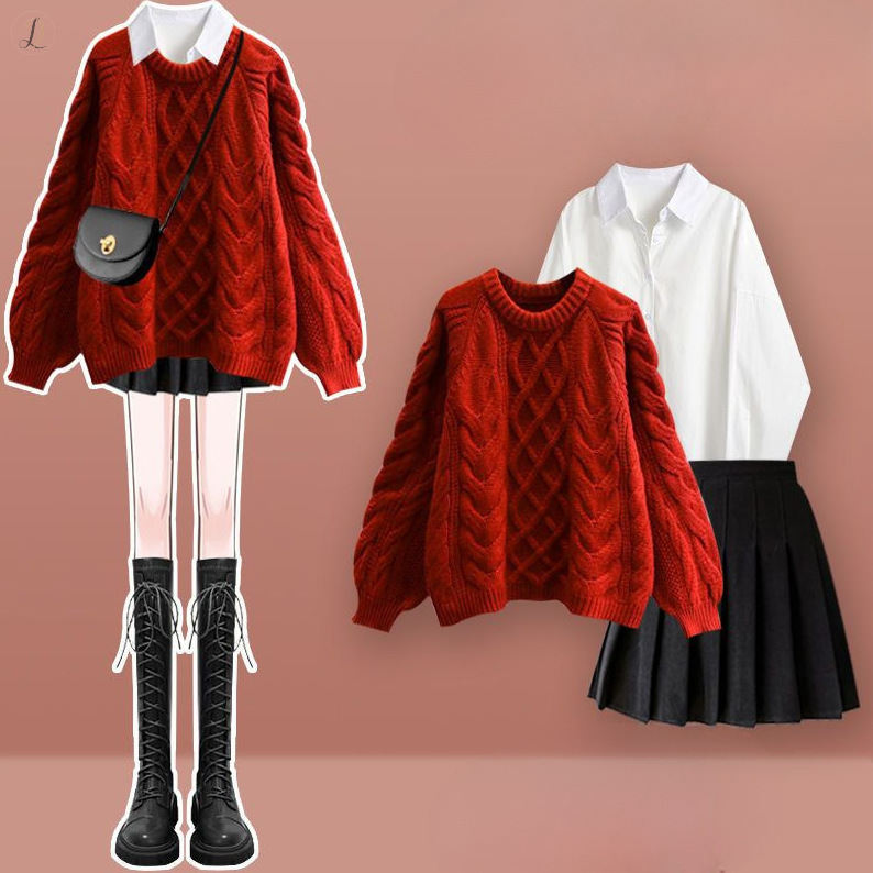 レッド/セーター+ホワイト/シャツ+ブラック/スカート