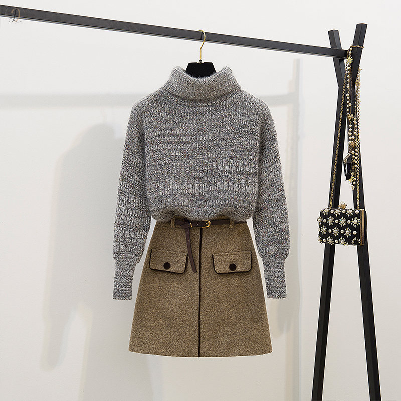 グレー/セーター+ブラウン/スカート