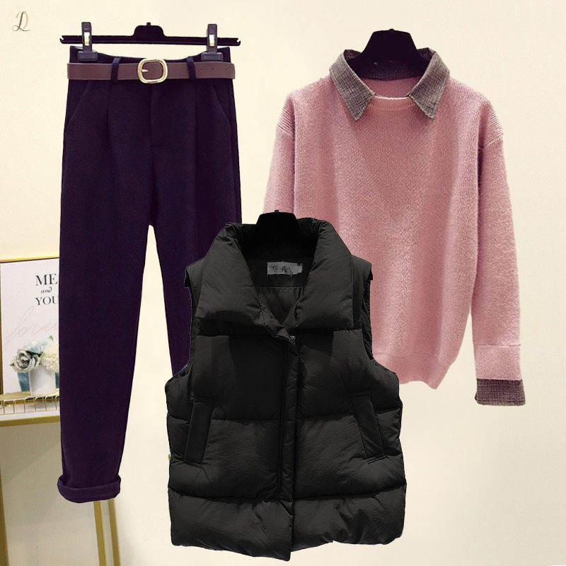 ブラック/ベスト+ピンク/セーター+ブラック/パンツ