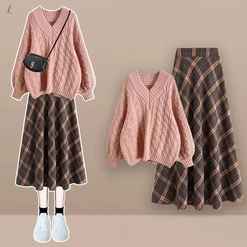ピンク/セーター+ブラウン/スカート