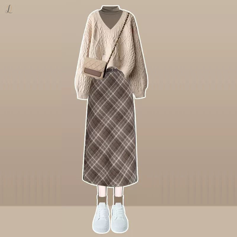 アイボリー/セーター+ブラウン/スカート
