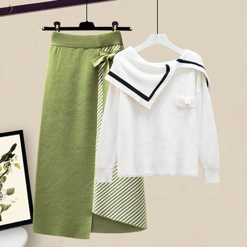 ホワイト/トップス+グリーン/スカート