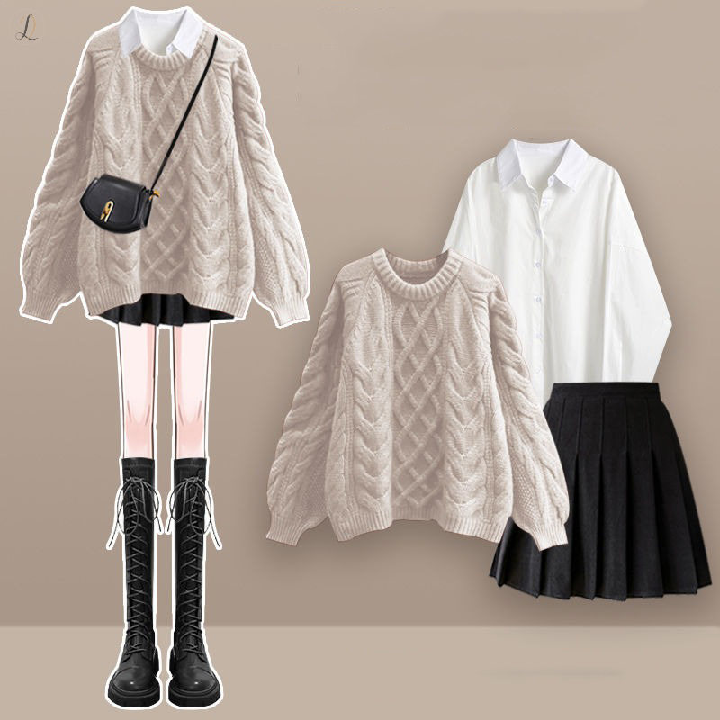 ホワイト/シャツ+アイボリー/セーター+ブラック/スカート