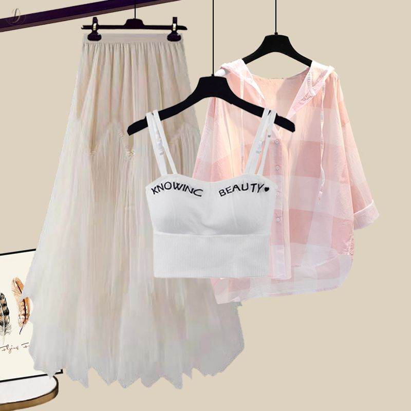 アイボリー/スカート+ピンク/シャツ+ホワイト/タンクトップ