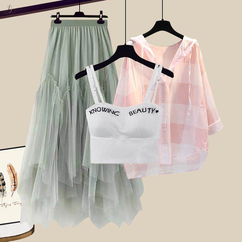 グリーン/スカート+ピンク/シャツ+ホワイト/タンクトップ
