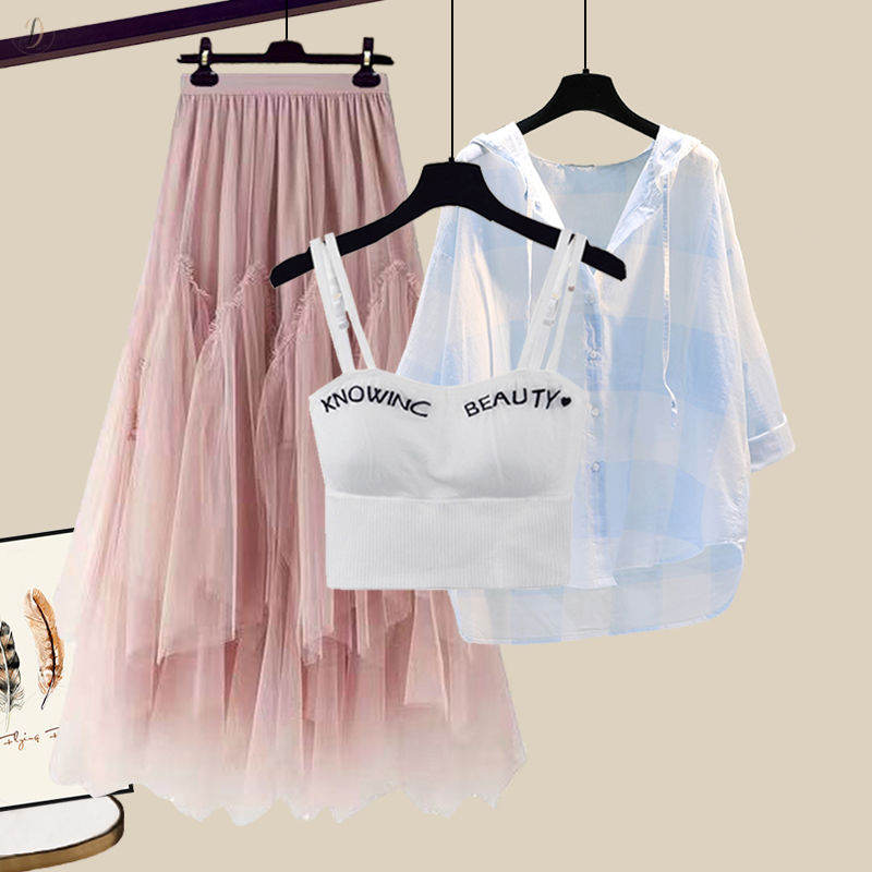 ピンク/スカート+ブルー/シャツ+ホワイト/タンクトップ