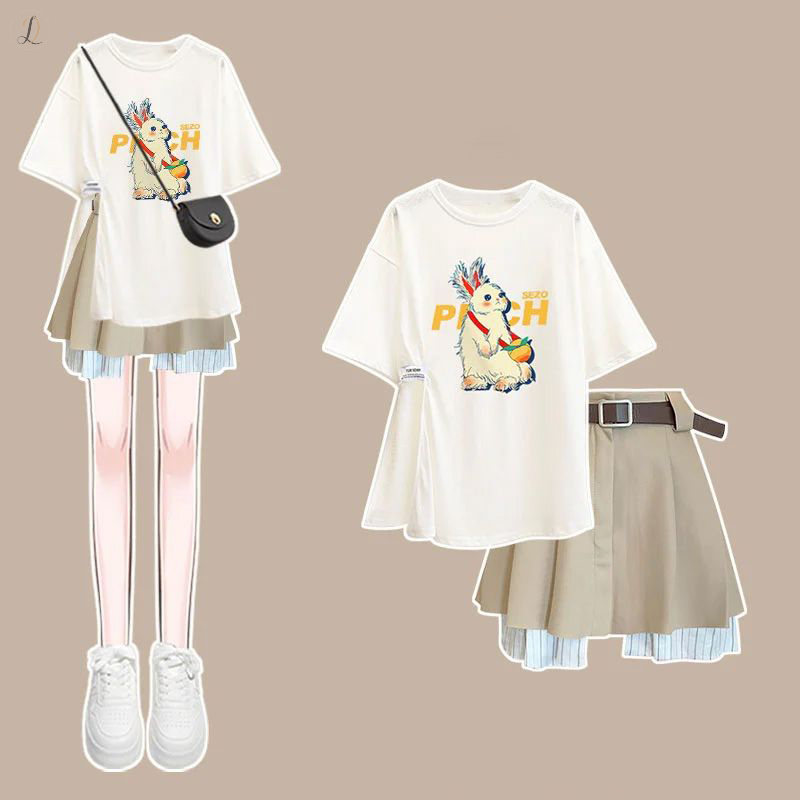 ホワイト01/Tシャツ+ベージュ/スカート